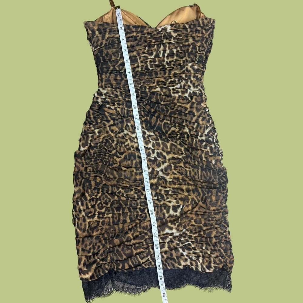 BCBGMaxAzria Leopard Print Ruched Bovary Dress with Lace Trim - Picture 6 of 8